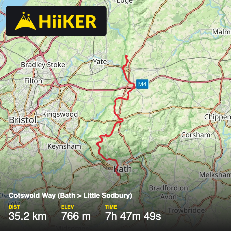 A map preview of the recording Cotswold Way (Bath > Little Sodbury).