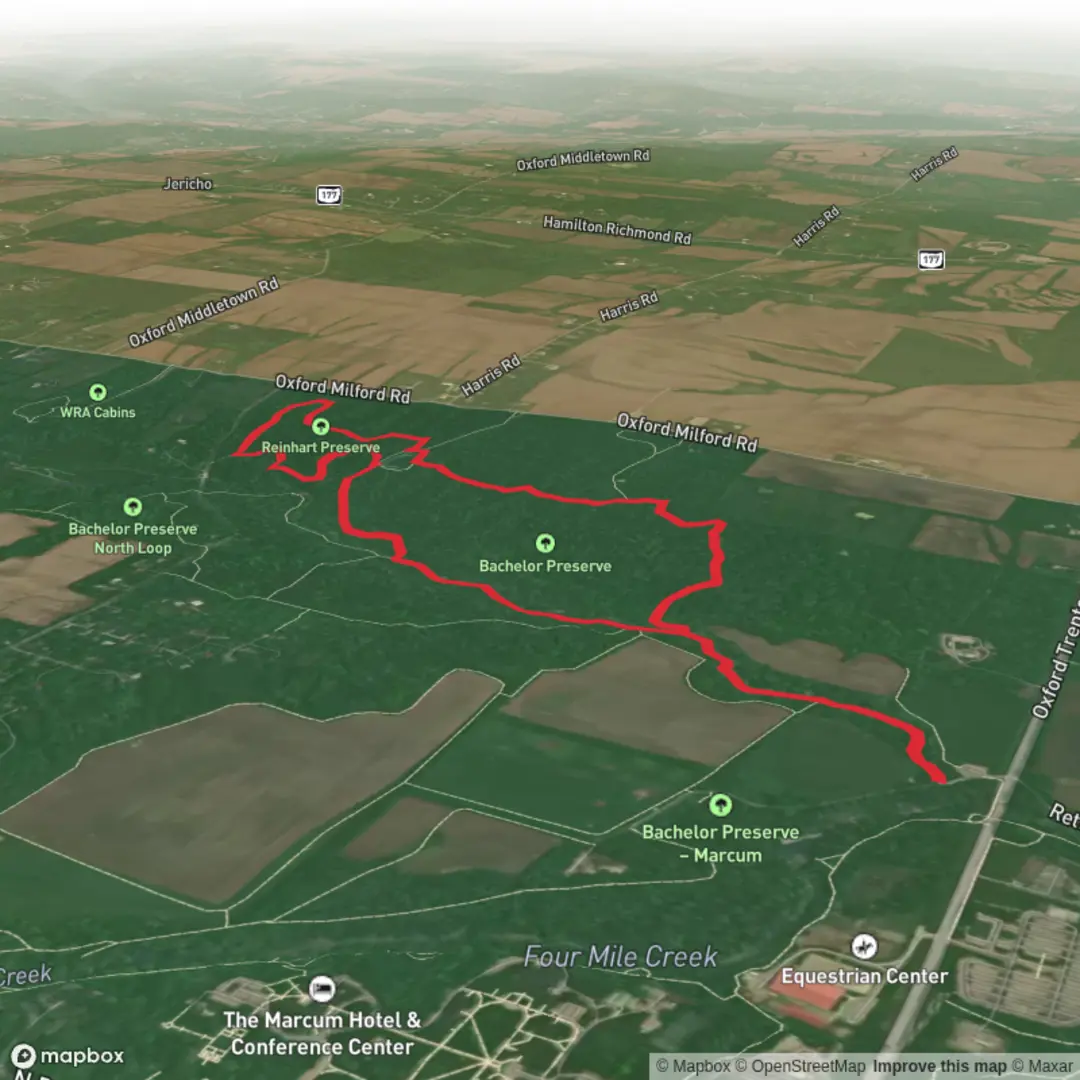An image depicting the trail Harkers Run via Bachelor Preserve E and Reinhart Preserve Loop and its surrounding area.