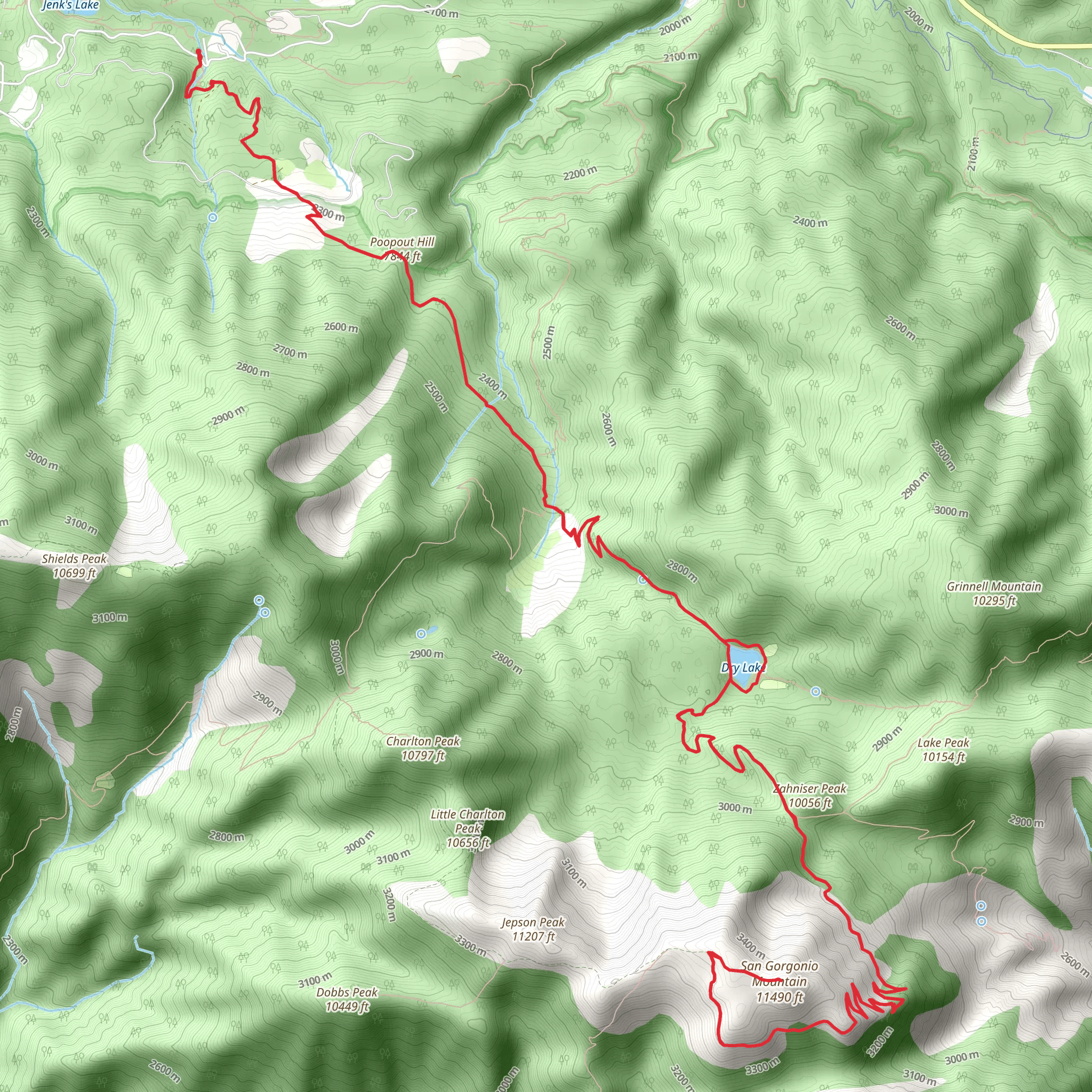 Poopout Hill, Dry Lake and San Gorgonio Mountain via San Gorgonio Mountain Trail mobile static map