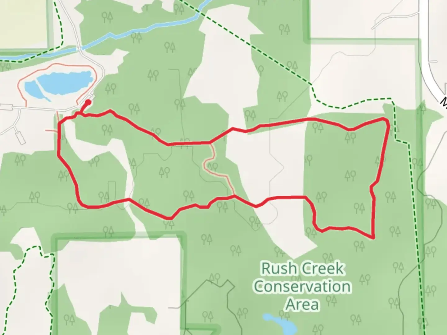 An image depicting the trail Rush Creek Conservation Area Loop and its surrounding area.