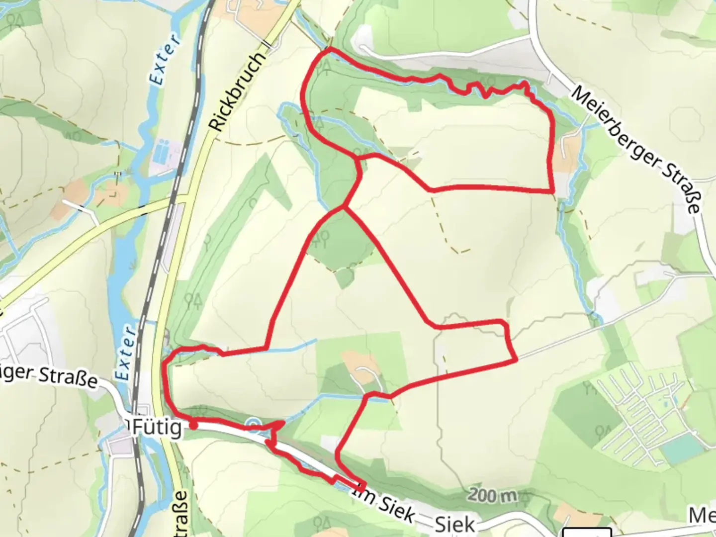 An image depicting the trail Hilkersiek Wasserfall via Römerweg and Patensteig and its surrounding area.