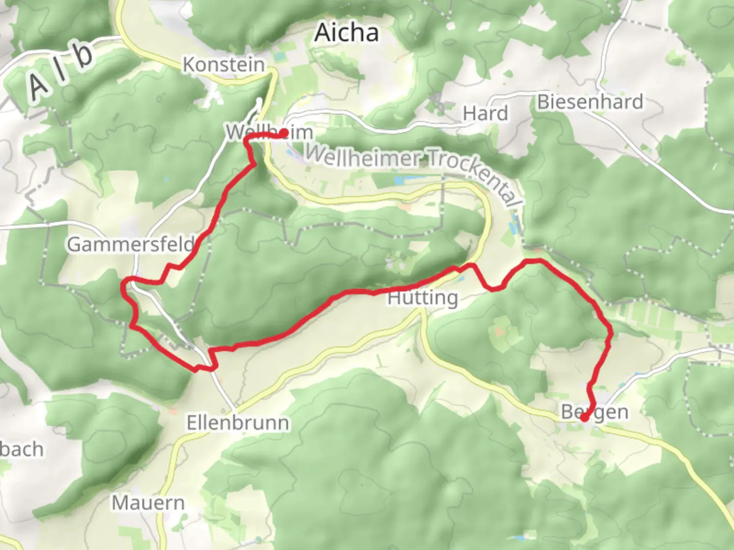 An image depicting the trail Bergen to Wellheim via Urdonautalsteig and its surrounding area.