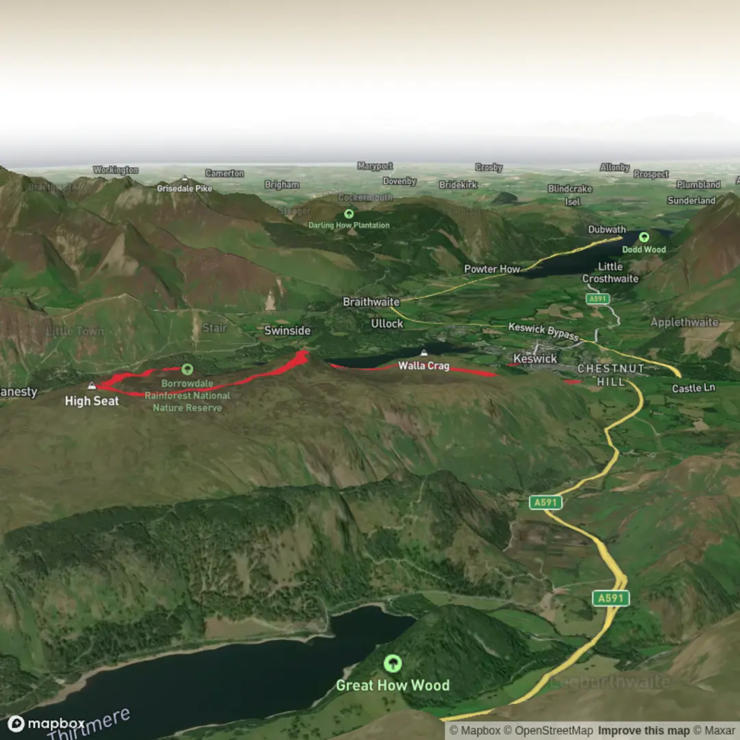 An image depicting the trail Blaeberry fell, High Seat, Ashness Bridge to Keswick from Castlerigg Hall campsite and its surrounding area.