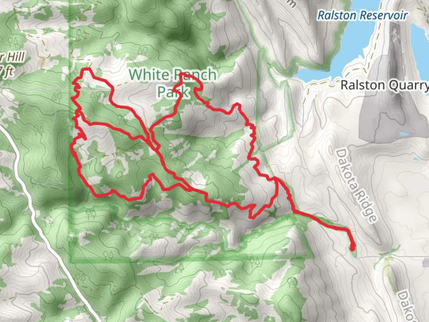 An image depicting the trail Belcher Hill Trail, Mustang Trail and Sawmill Trail and its surrounding area.