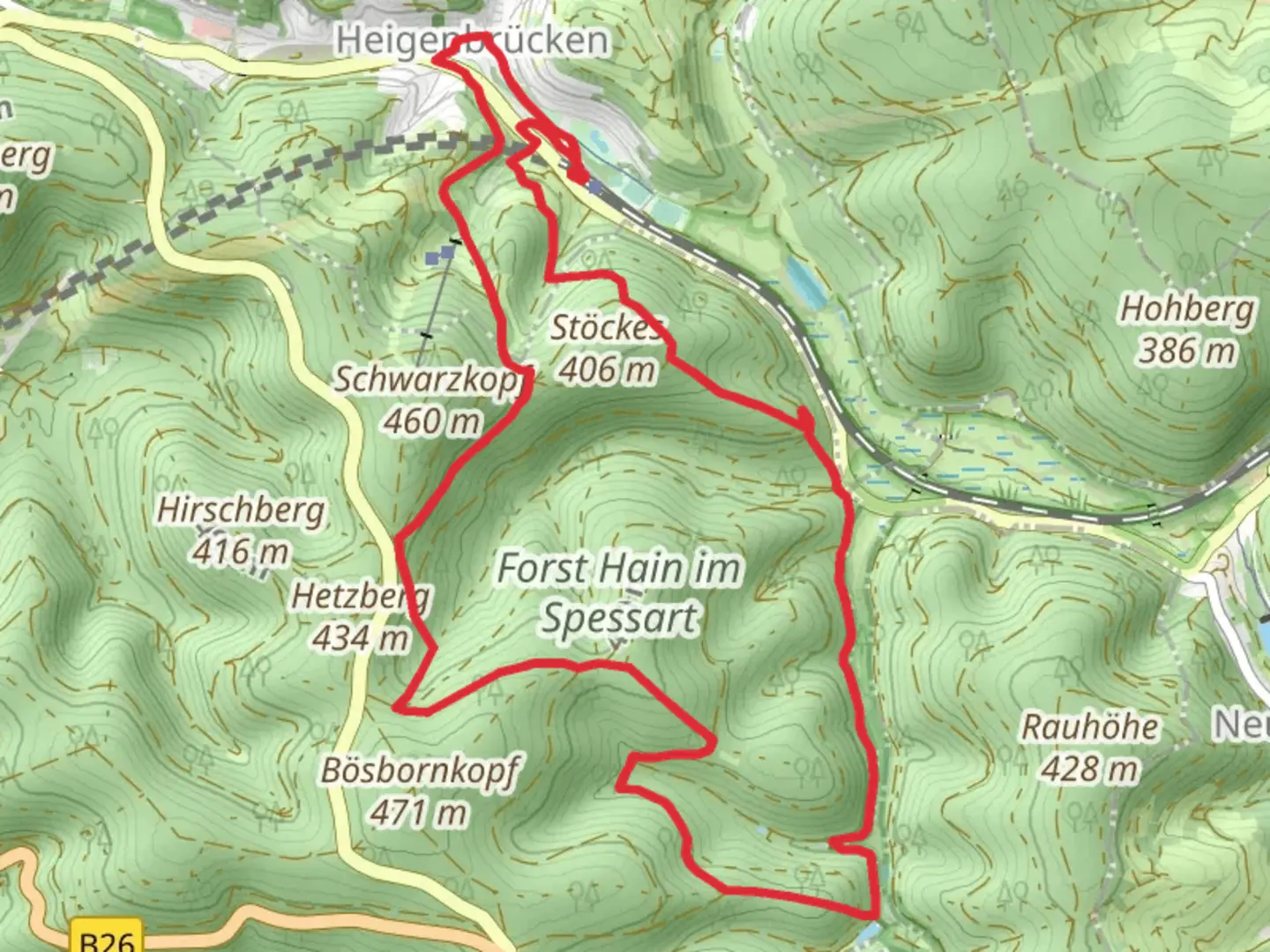 An image depicting the trail Kaltengrundsee from Heigenbruecken and its surrounding area.