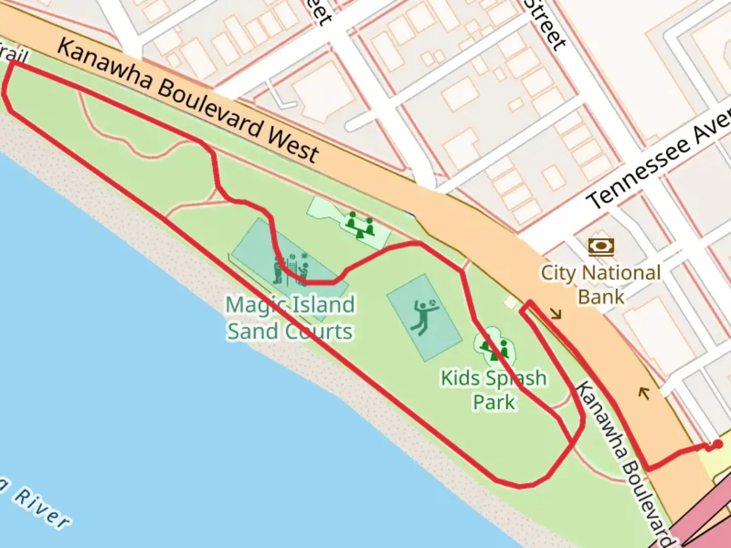 An image depicting the trail Magic Island Park Loop and its surrounding area.