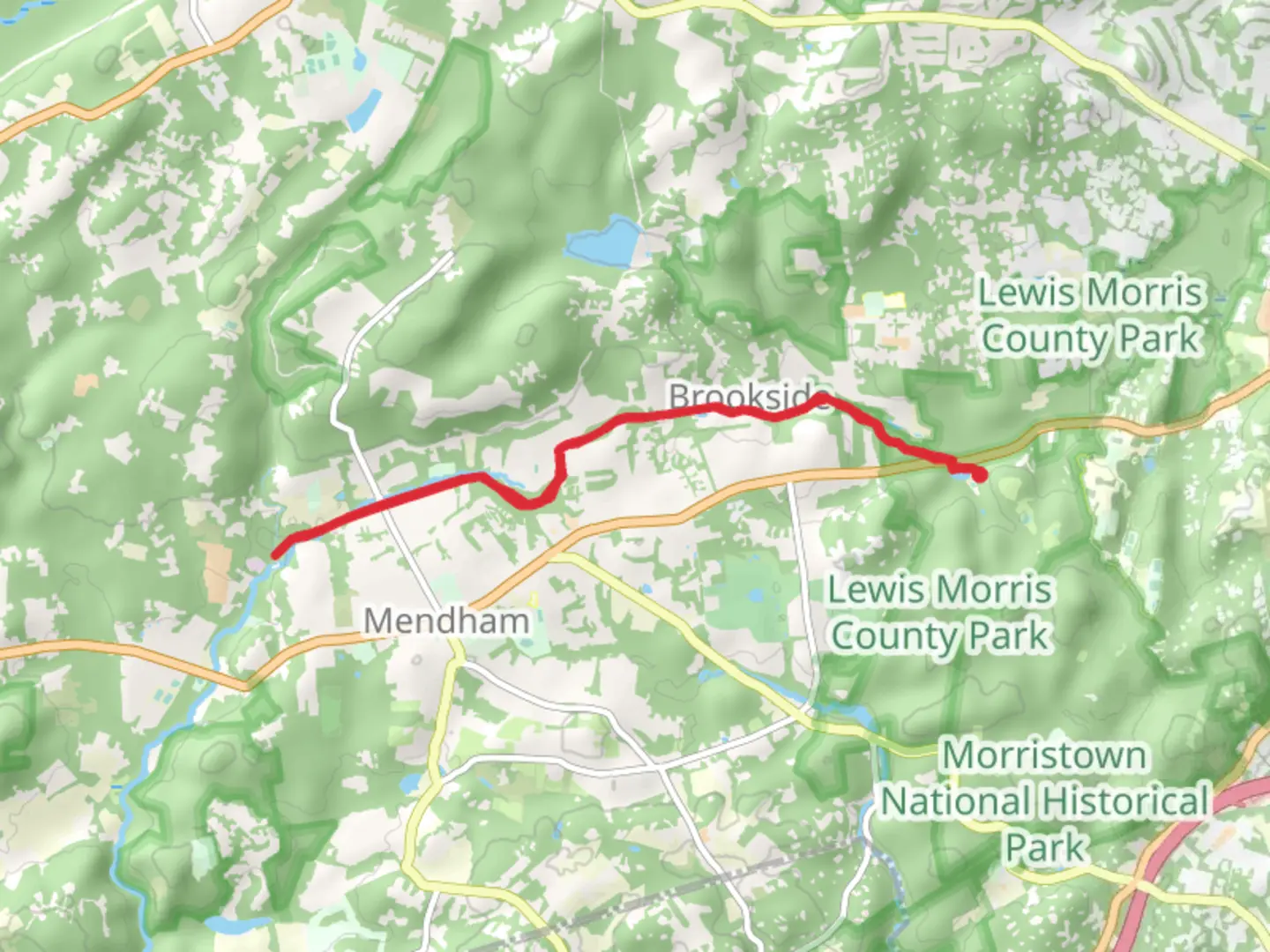 An image depicting the trail Patriots' Path from Sunrise Lake and its surrounding area.