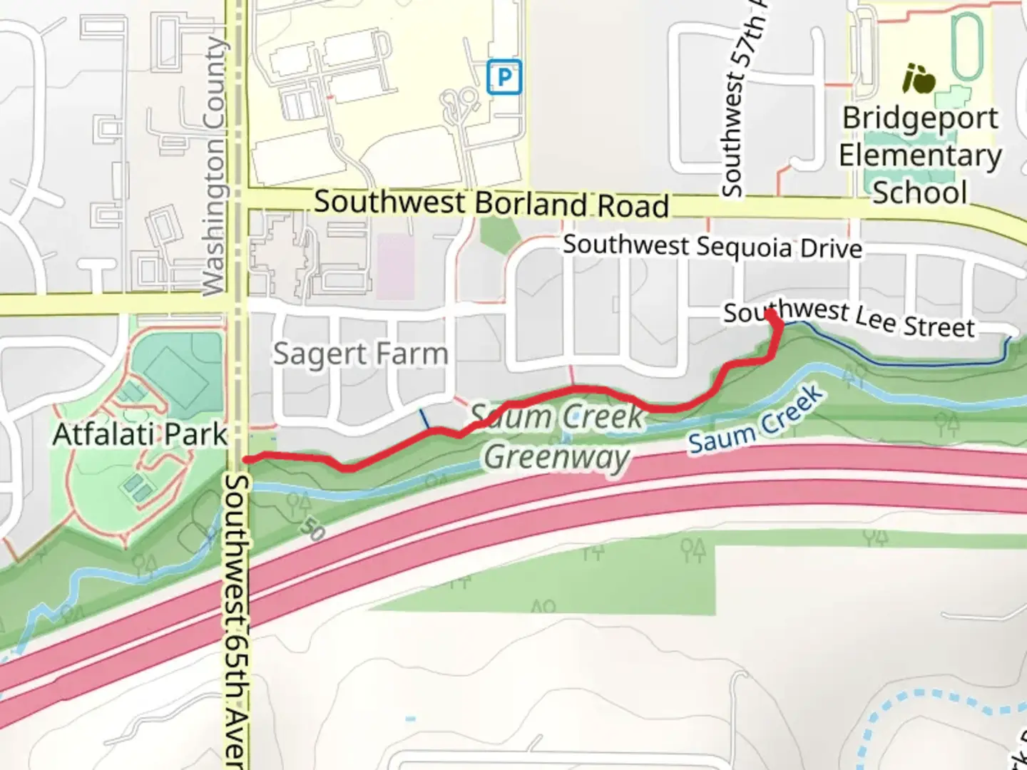 An image depicting the trail Saum Creek Greenway and its surrounding area.