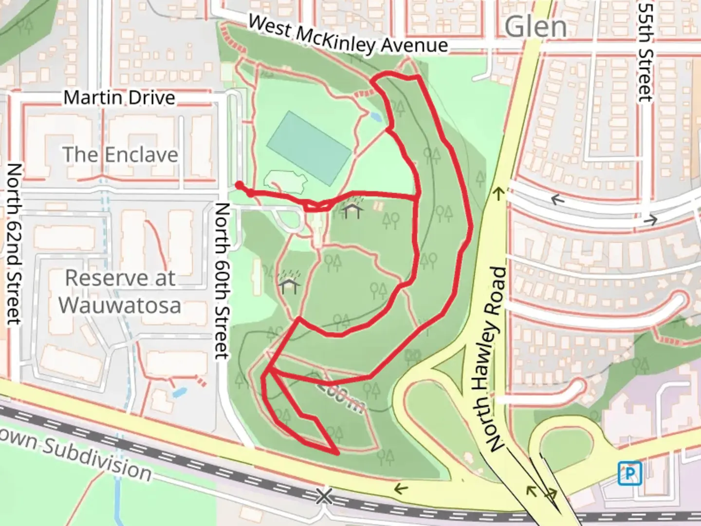 An image depicting the trail Hawthorne Glen Environmental Center Loop and its surrounding area.
