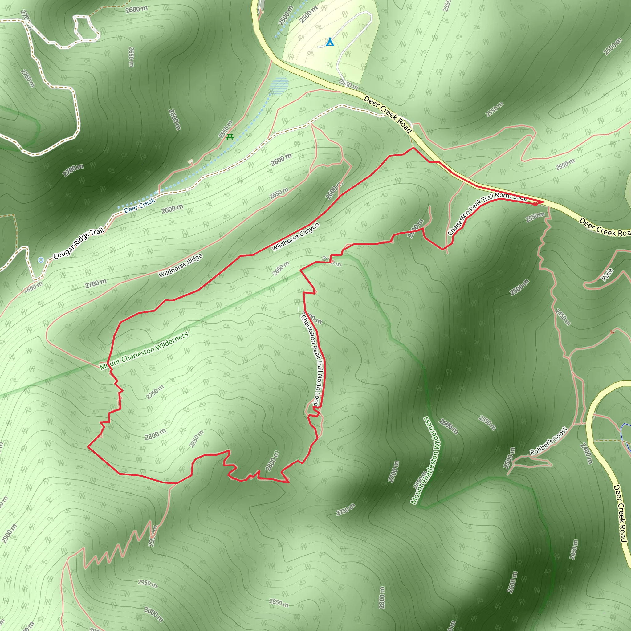 Wildhorse Canyon and Charleston Peak Trail North Loop mobile static map