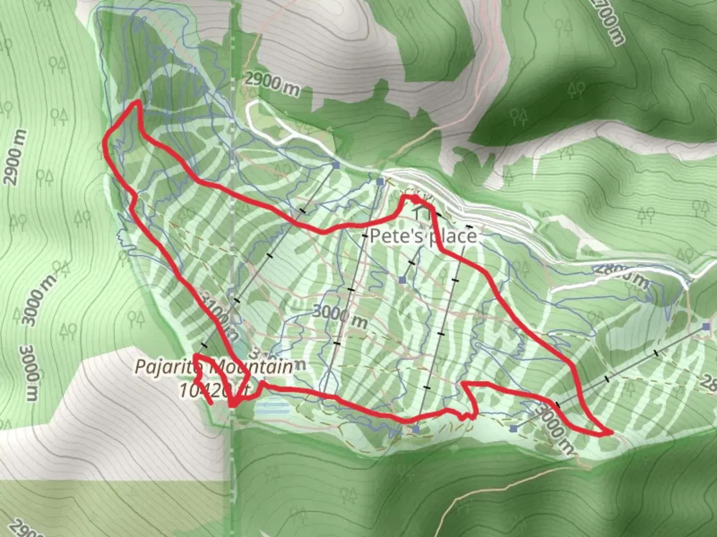 An image depicting the trail Pajarito Mountain via EAst Road and Aspen For Trouble Loop and its surrounding area.