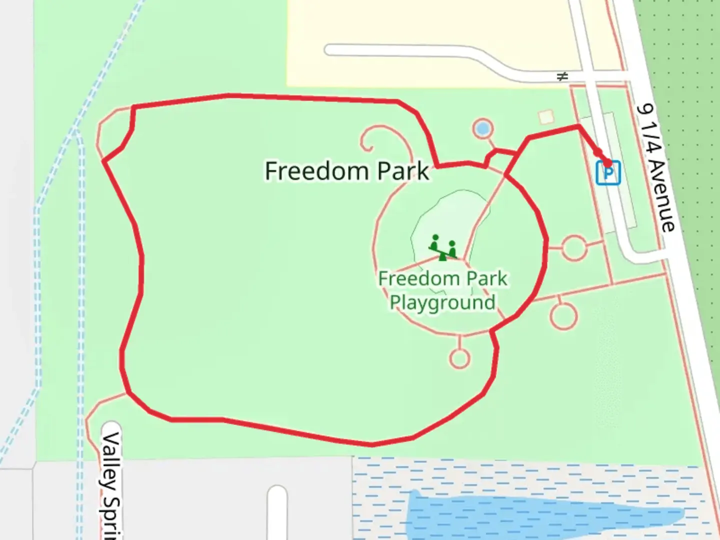 An image depicting the trail Freedom Park Loop and its surrounding area.