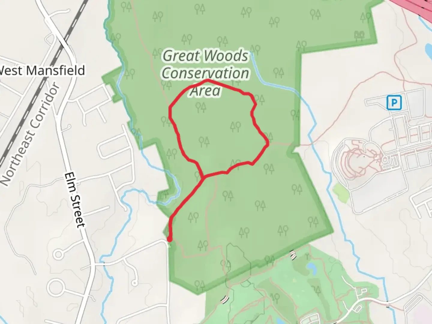 An image depicting the trail Great Woods Conservation Area Loop and its surrounding area.