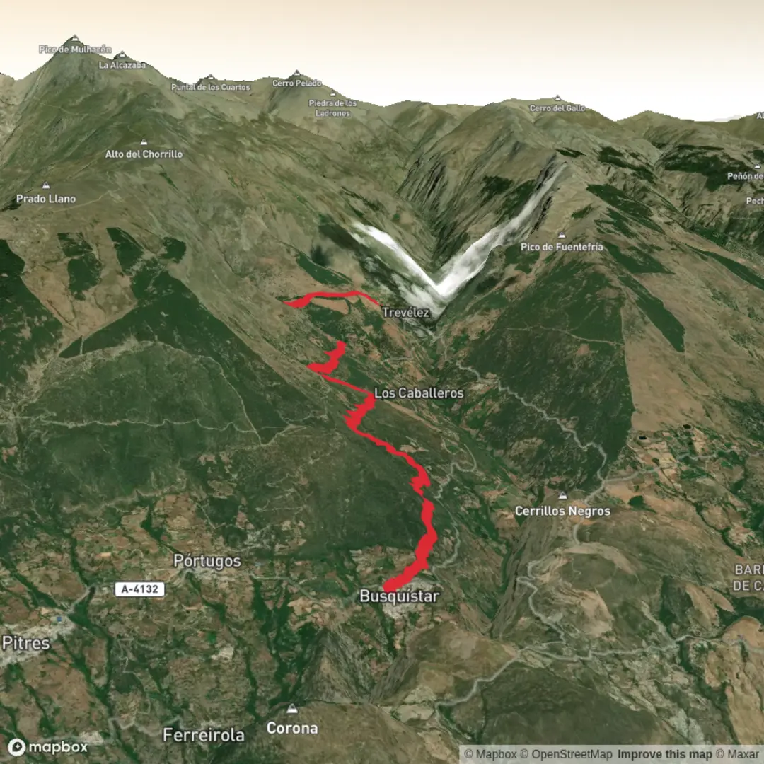 An image depicting the trail Busquístar to Trevélez via Mirador del Barranco de los Alisos and its surrounding area.