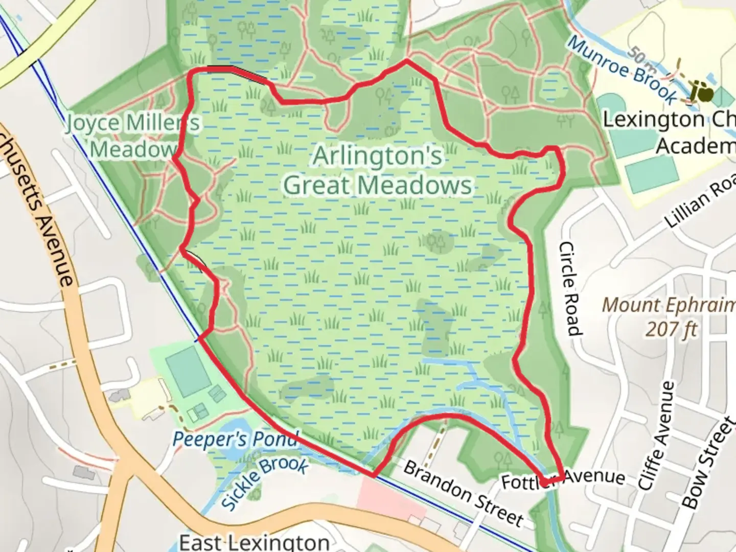 An image depicting the trail Great Meadows Loop from Fottler Avenue and its surrounding area.