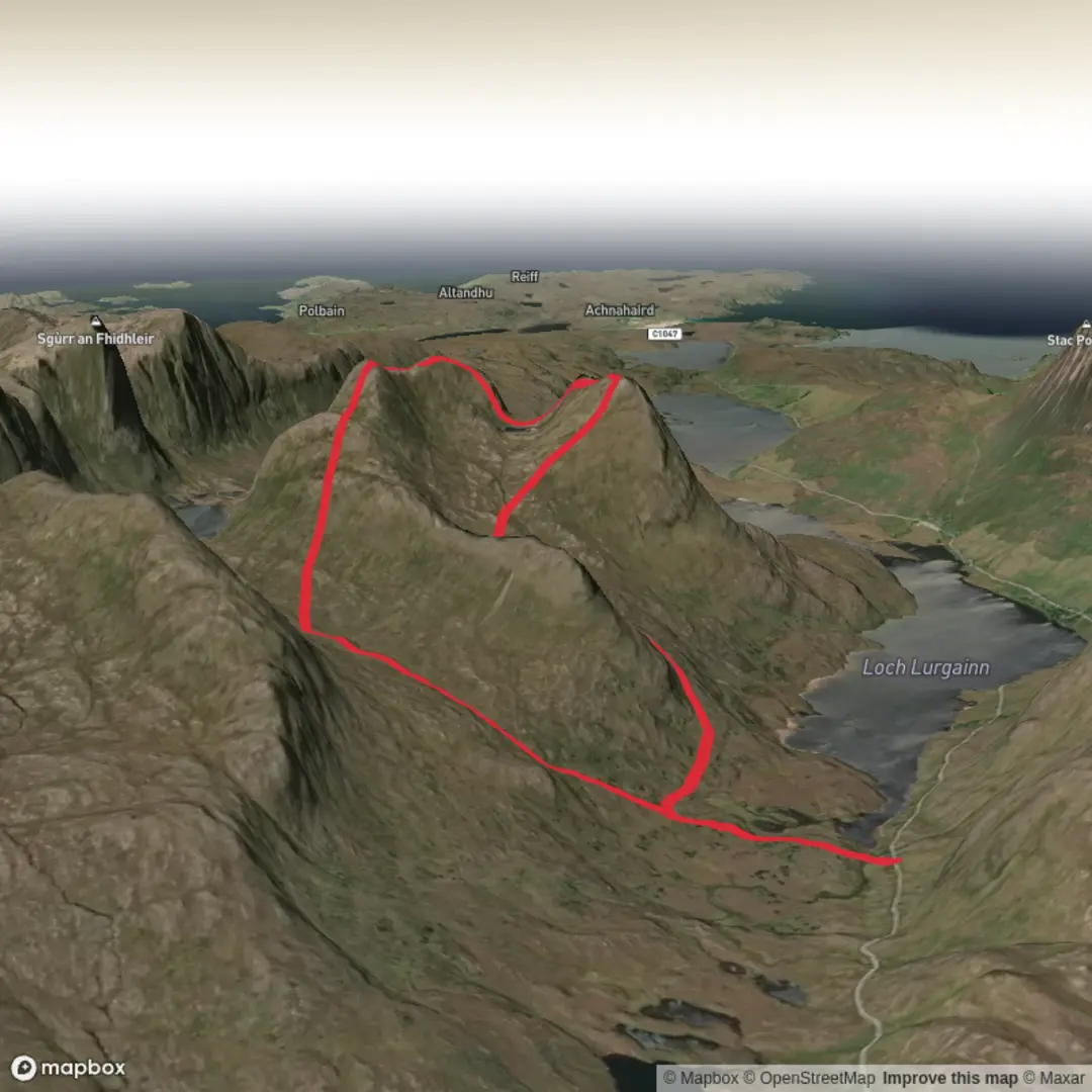 An image depicting the trail Beinn an Eoin and Sgorr Tuath and its surrounding area.