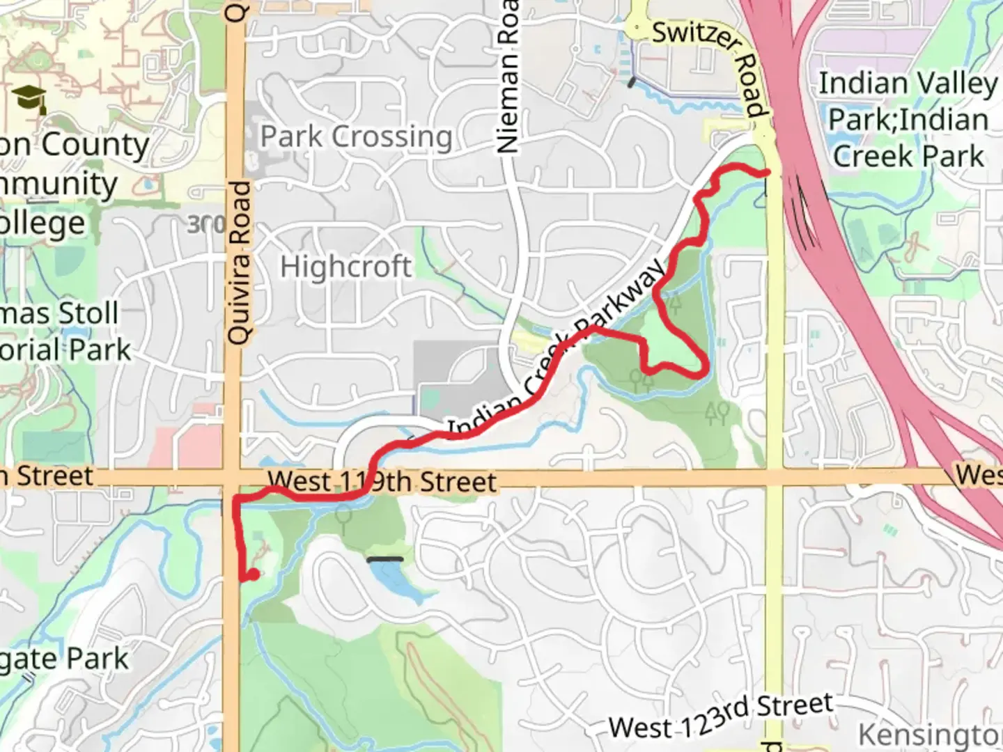 An image depicting the trail Indian Creek Trail from Quivira Park and its surrounding area.