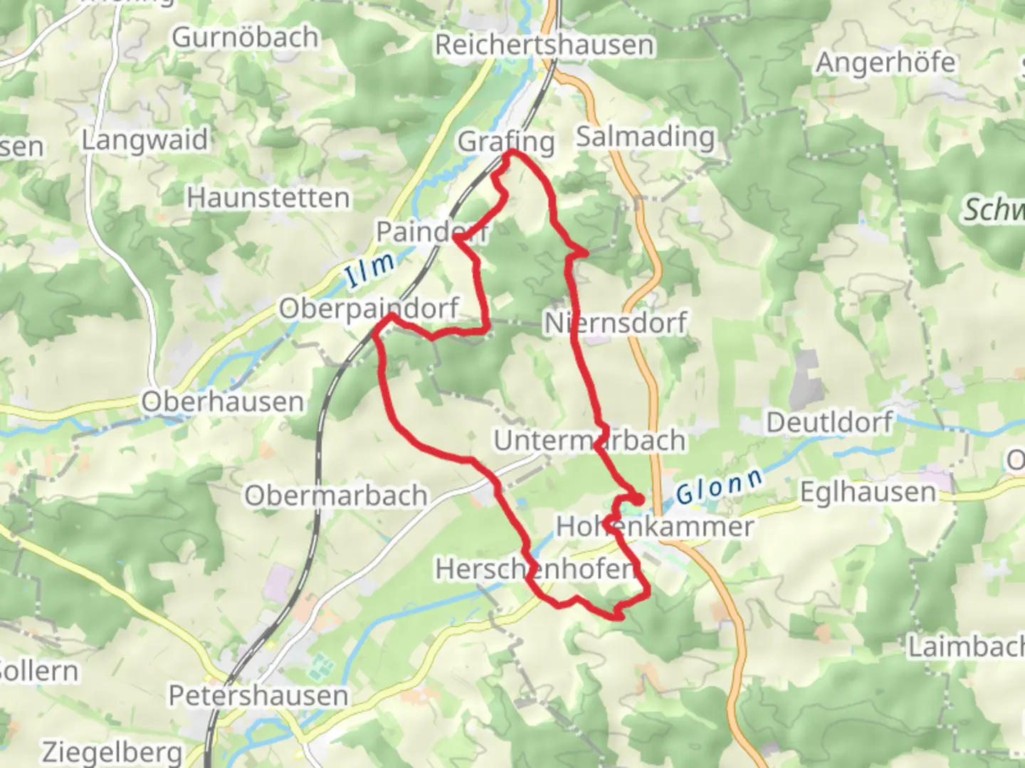 An image depicting the trail Hohenkammer and Paindorf Loop and its surrounding area.