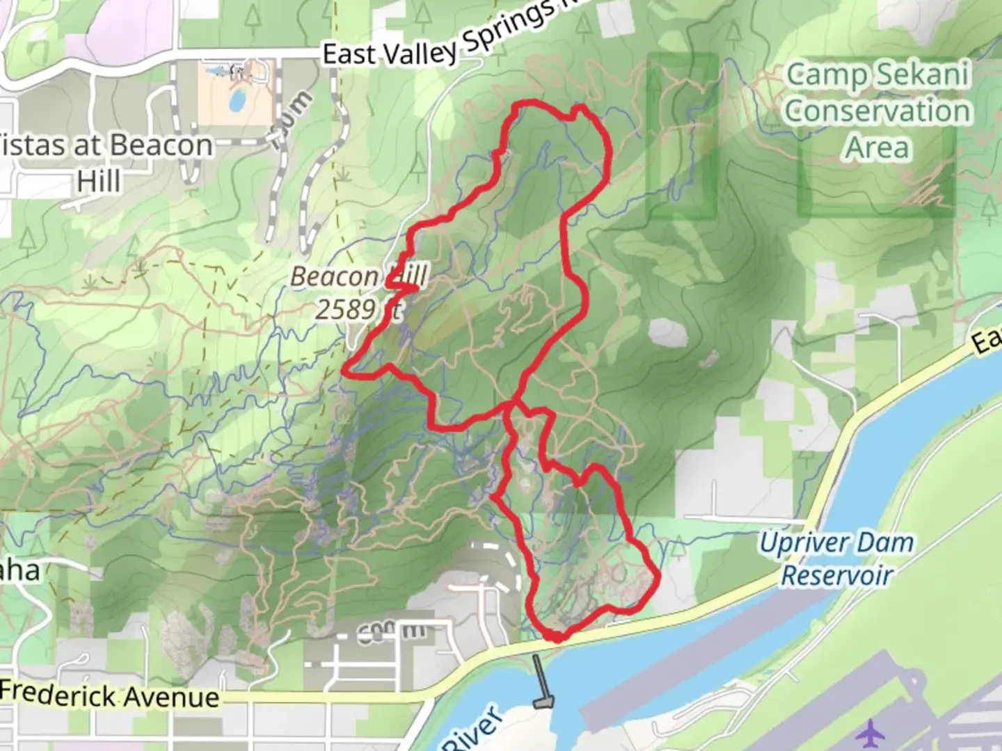 An image depicting the trail Granite Trail, Evil Twin and Airport Escalator Loop and its surrounding area.