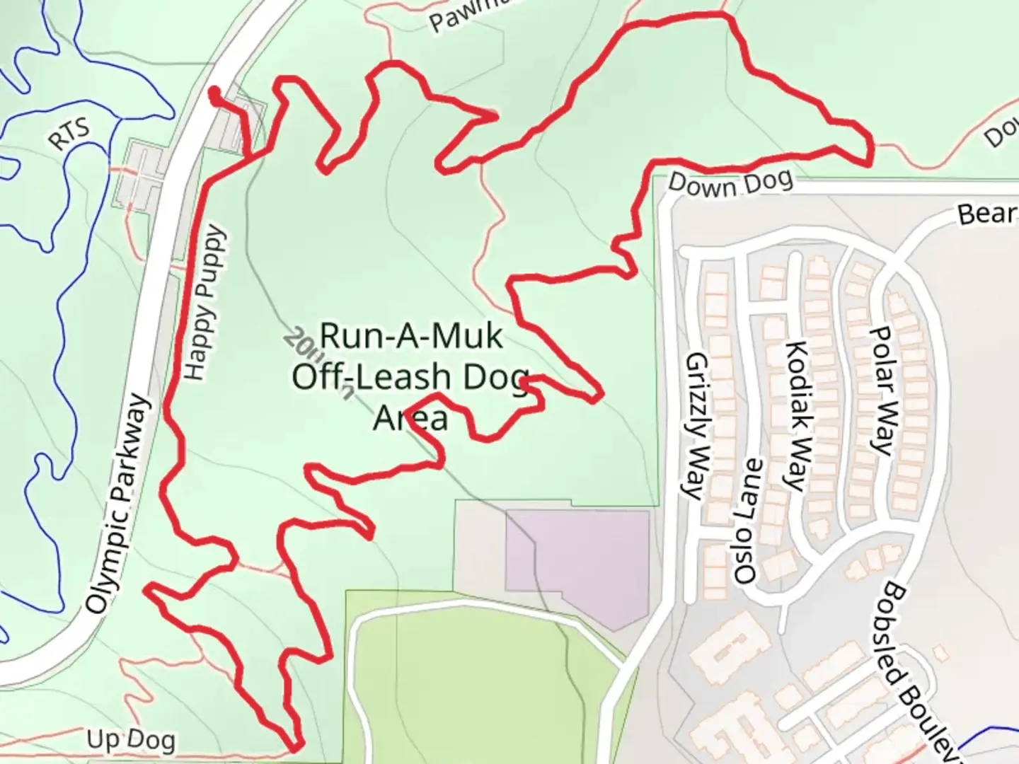 An image depicting the trail Happy Puppy and Down Dog Loop and its surrounding area.