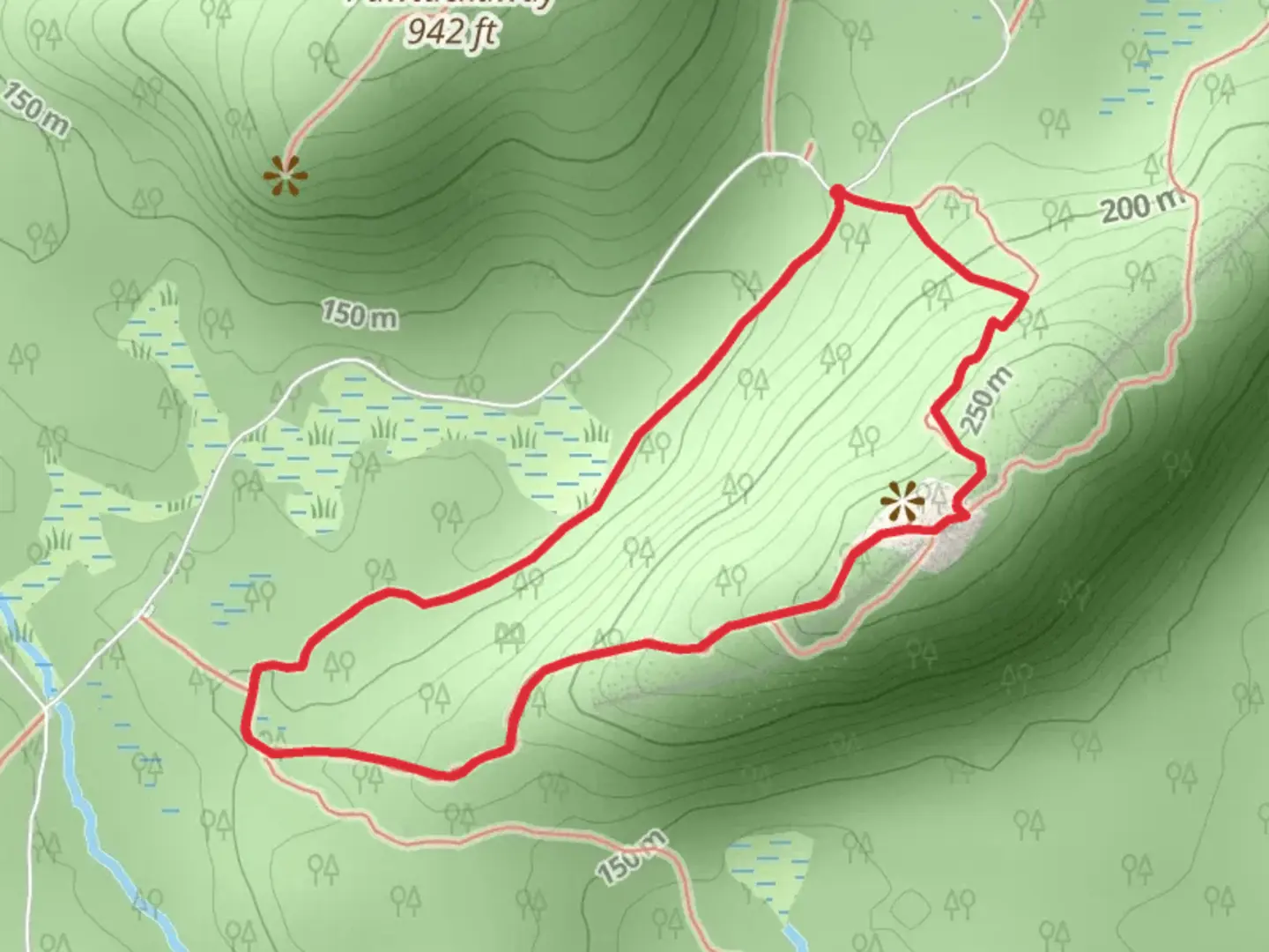 An image depicting the trail South Mount Pawtuckaway via South Ridge Trail and its surrounding area.