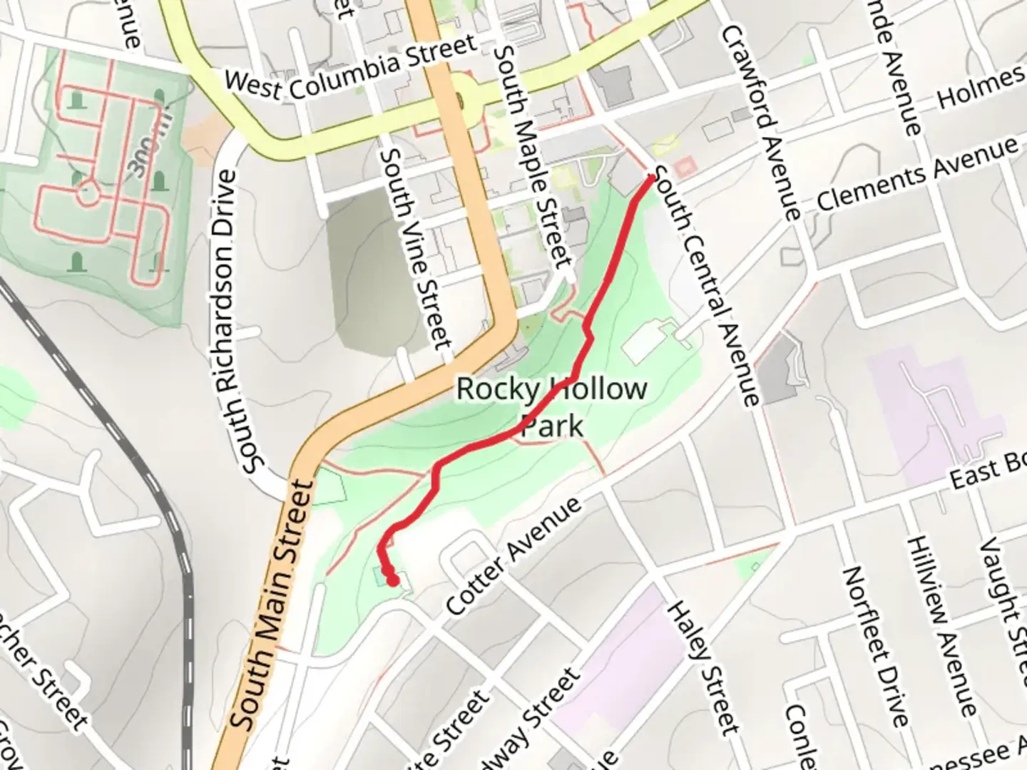 An image depicting the trail Rocky Hollow Park and its surrounding area.