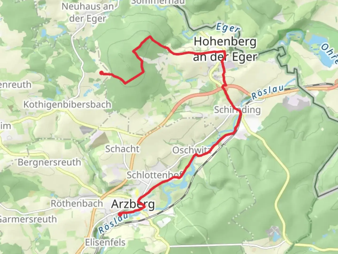 An image depicting the trail Arzberg to Steinhaeuser via Steinberg and Hohenberg and its surrounding area.