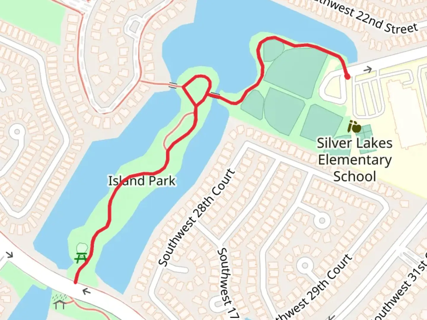 An image depicting the trail Island Park Out and Back and its surrounding area.