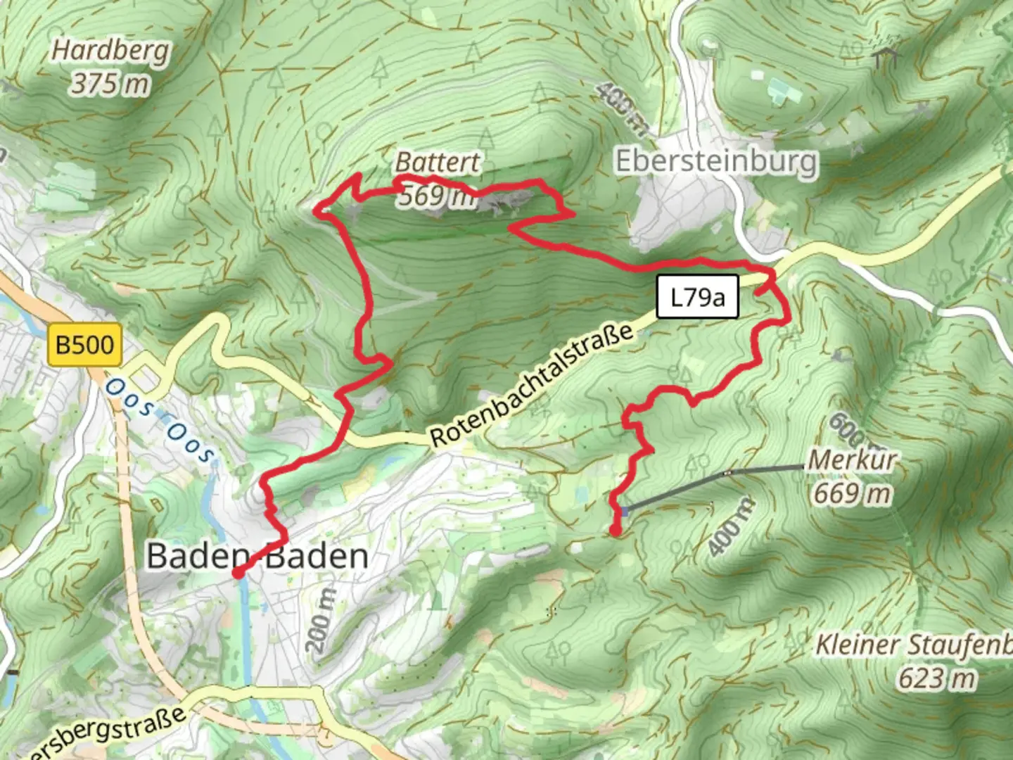An image depicting the trail Innenstadt to Merkurbahn Talstation via Battert Rundweg and Ebersteinburg Rundweg and its surrounding area.