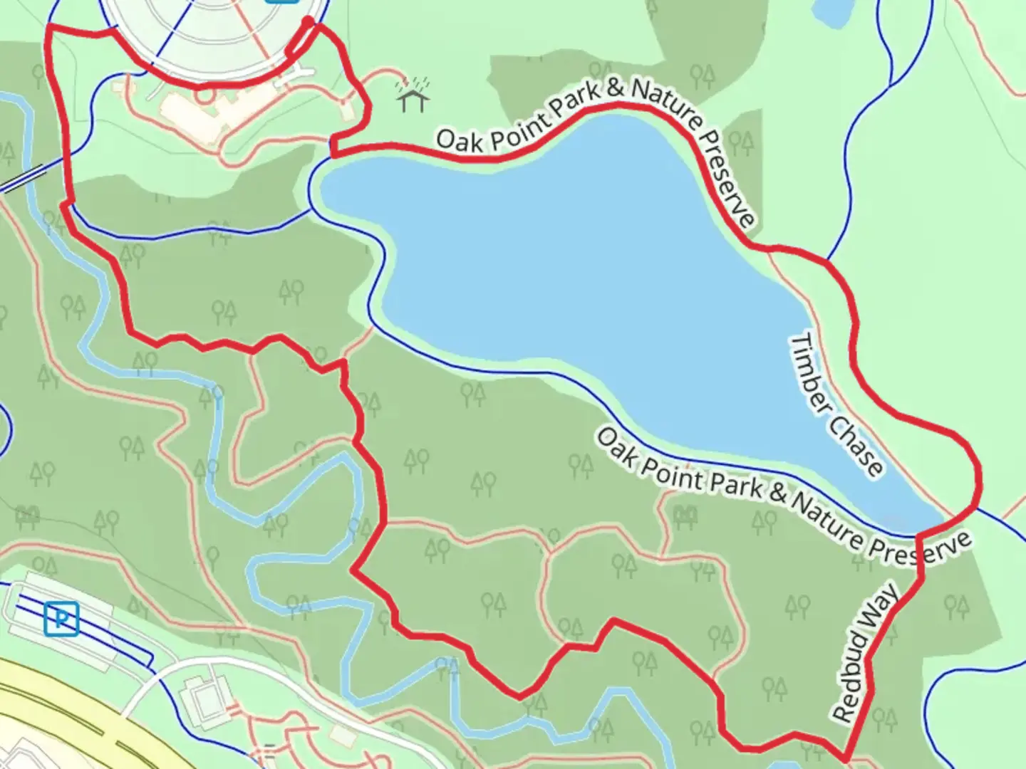 An image depicting the trail Oak Point Park and Nature Preserve Loop and its surrounding area.