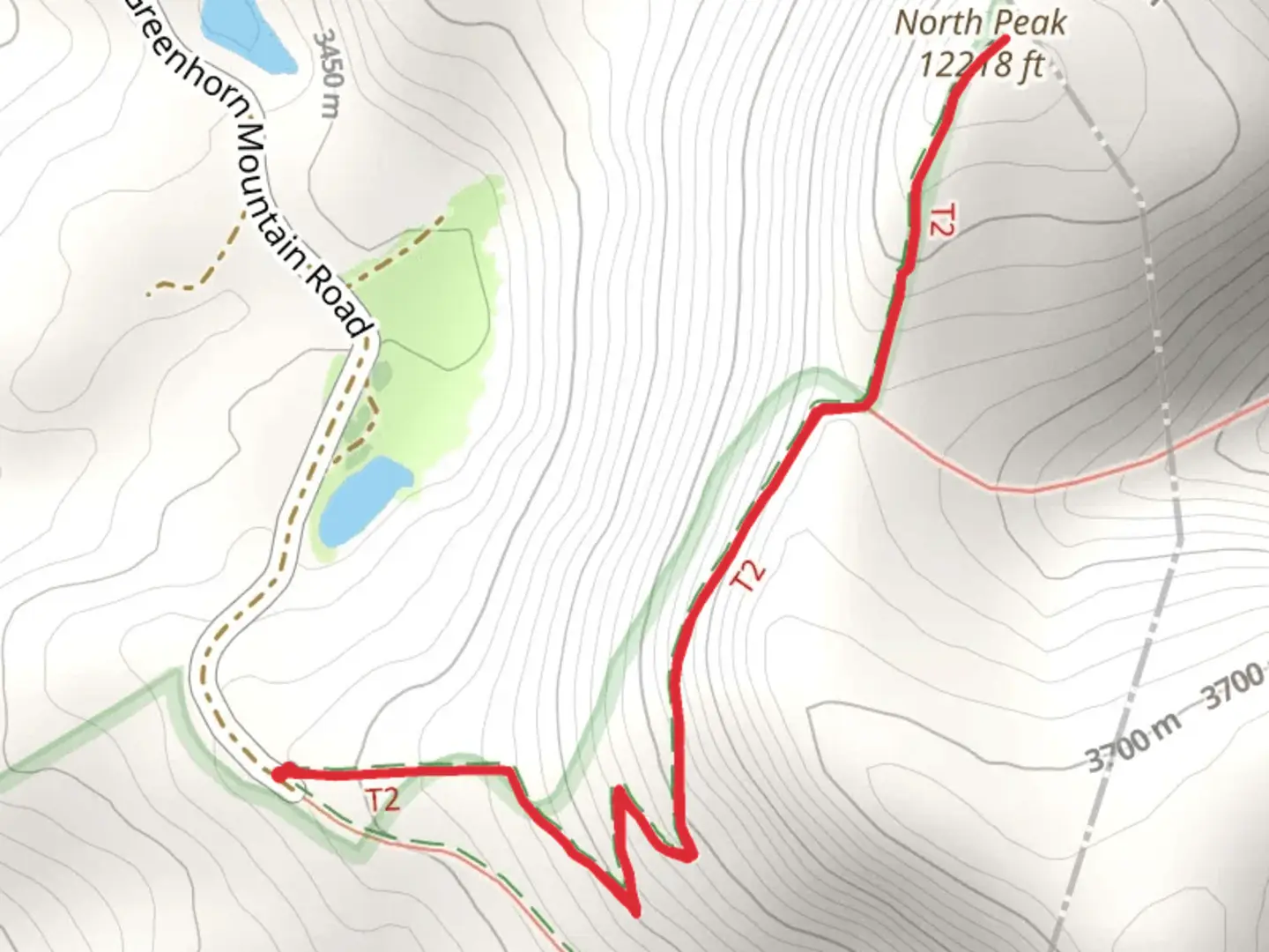 An image depicting the trail North Peak via Greenhorn Trail and its surrounding area.