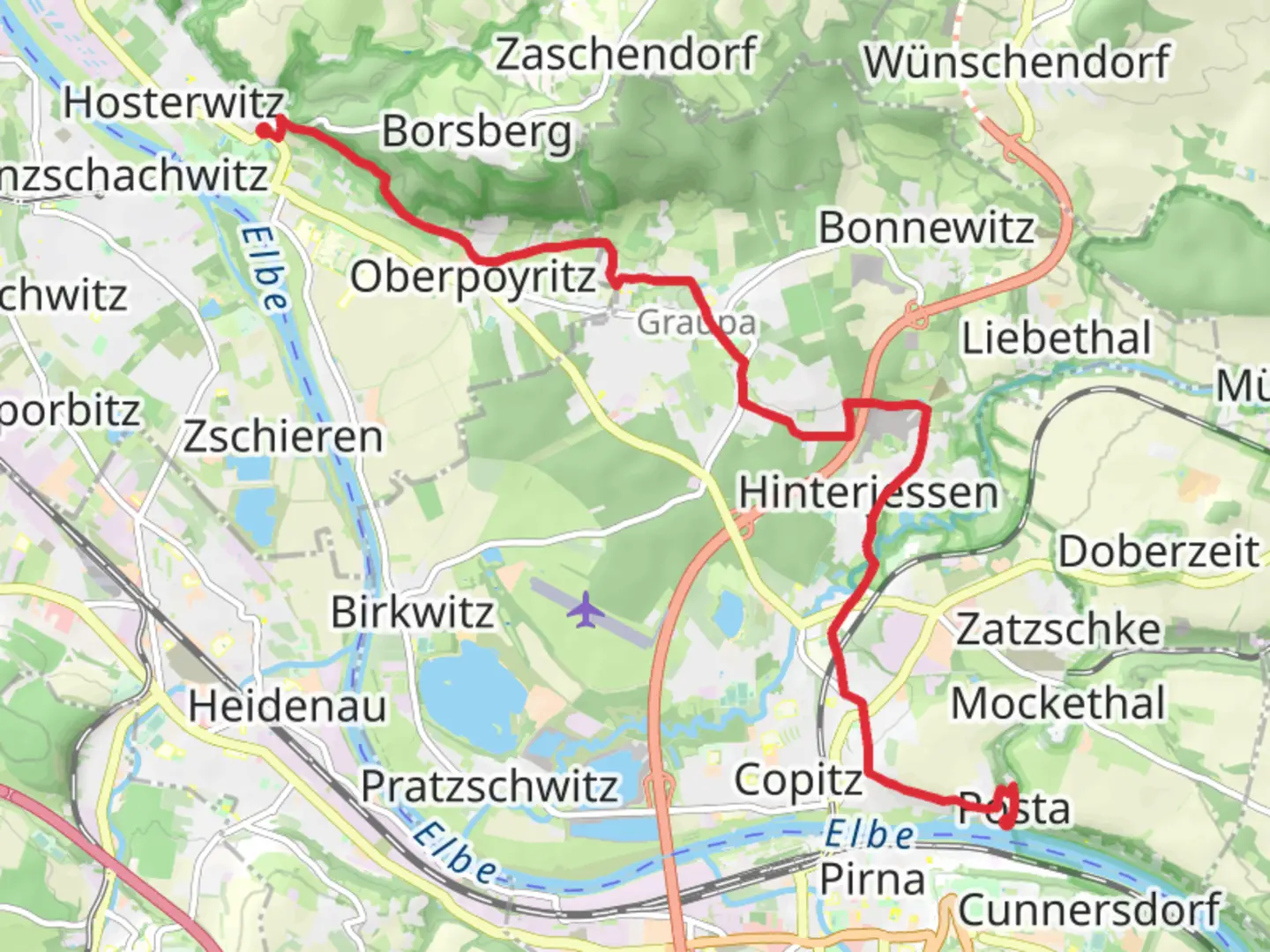 An image depicting the trail Posta to Pillnitz via Burglehnpfad and its surrounding area.