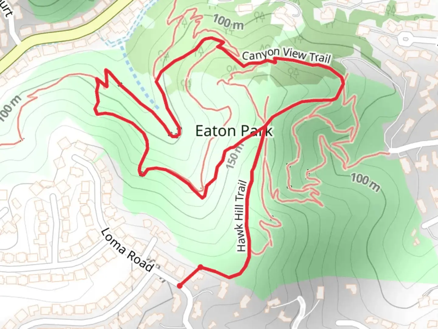 An image depicting the trail Hawk Hill, Canyon View and 4 Bridges Loop Trail and its surrounding area.
