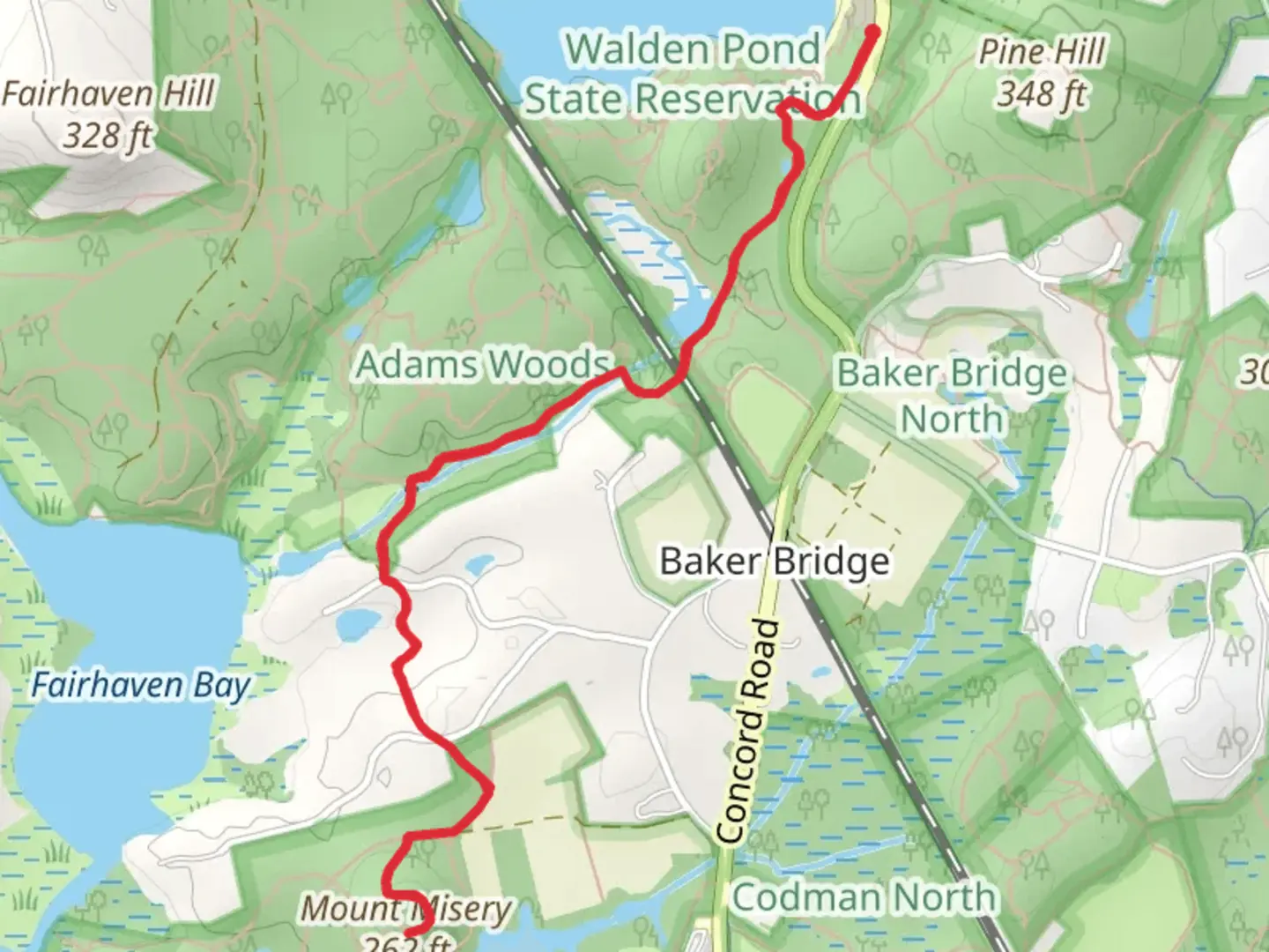 An image depicting the trail Mount Misery Trail from Walden Pond and its surrounding area.