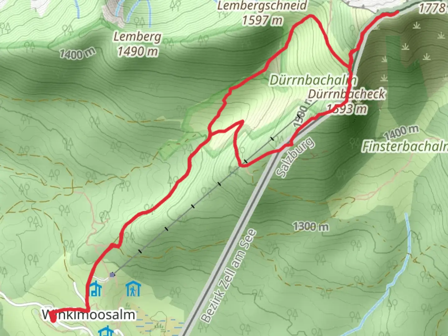 An image depicting the trail Dürnbachhorn and Dürrnbacheck via Winklmoosalm and its surrounding area.