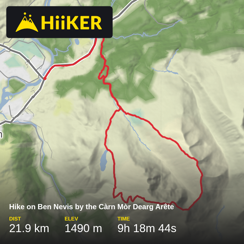 A map preview of the recording Hike on Ben Nevis by the Càrn Mòr Dearg Arête.