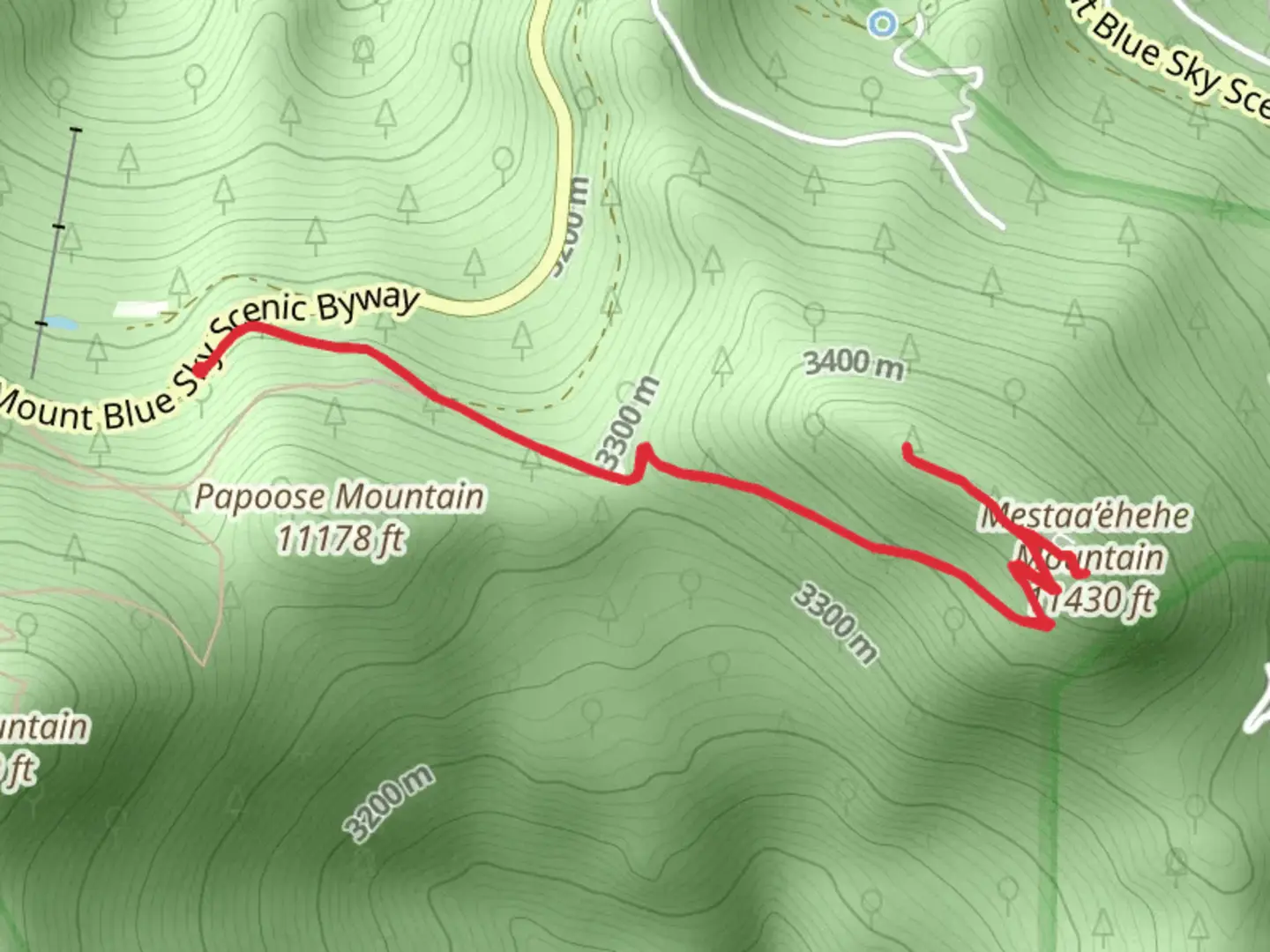 An image depicting the trail Mestaa’ėhehe Mountain and its surrounding area.