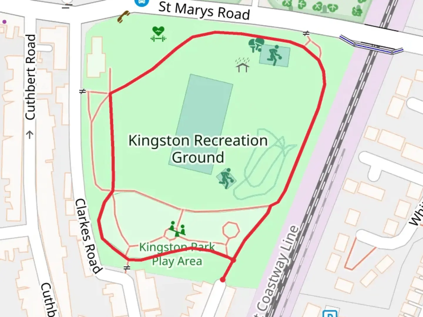 An image depicting the trail Kingston Recreation Ground Loop and its surrounding area.
