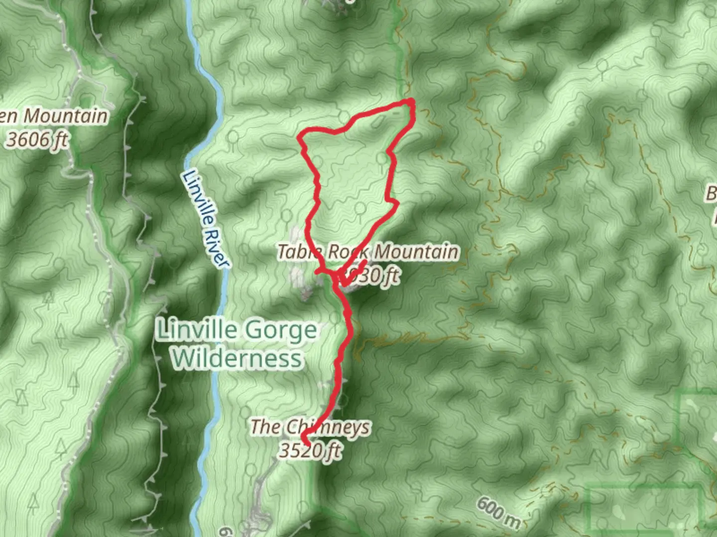 An image depicting the trail Spence Ridge, The Chimneys, Table Rock Mountain and Tab Rock Gap Loop Trail and its surrounding area.