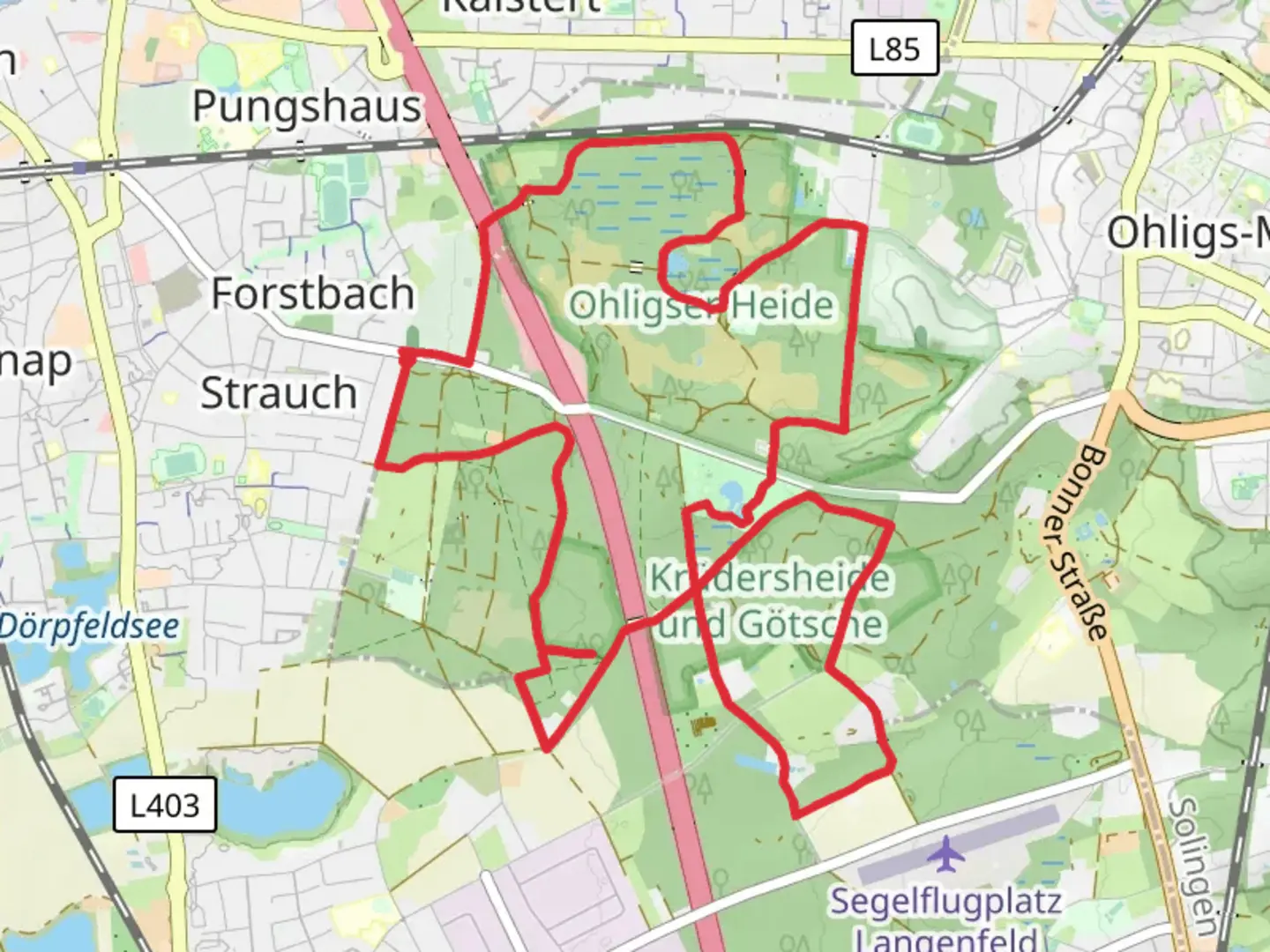 An image depicting the trail Goetsche and Engelsberger Hof via Klingenpfad and its surrounding area.