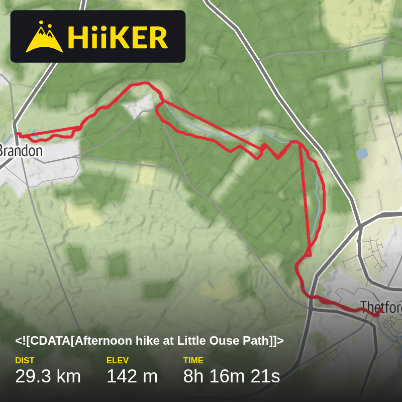 A map preview of the recording Afternoon hike at Little Ouse Path.