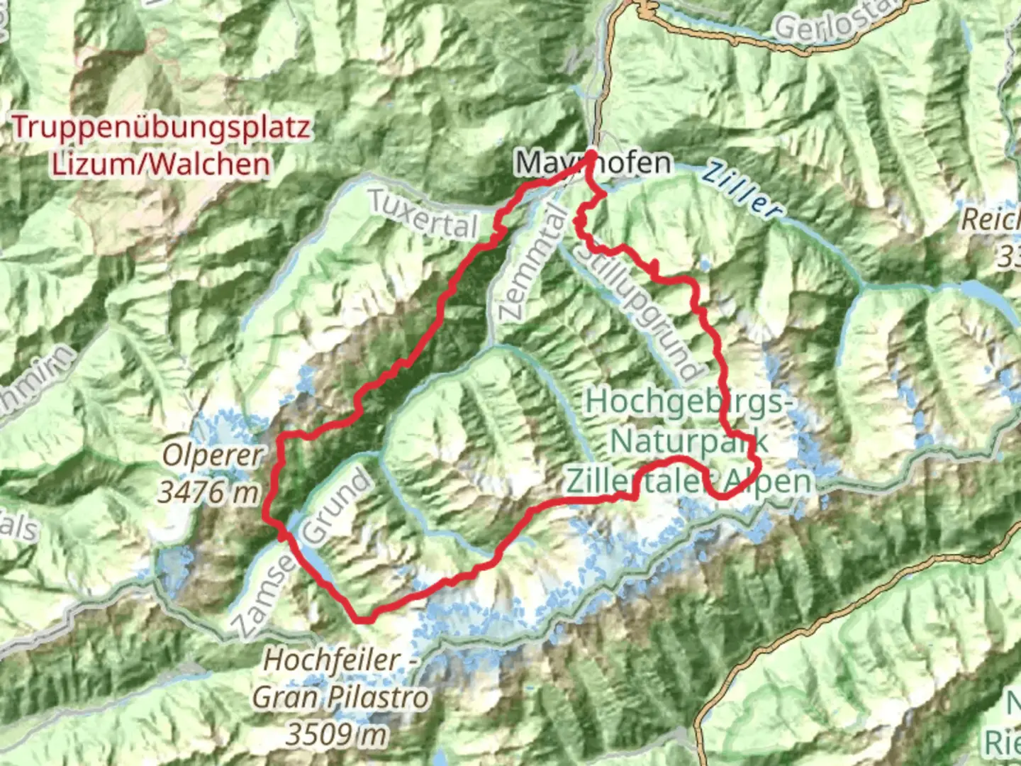 An image depicting the trail Zillertal Rucksack Route and its surrounding area.