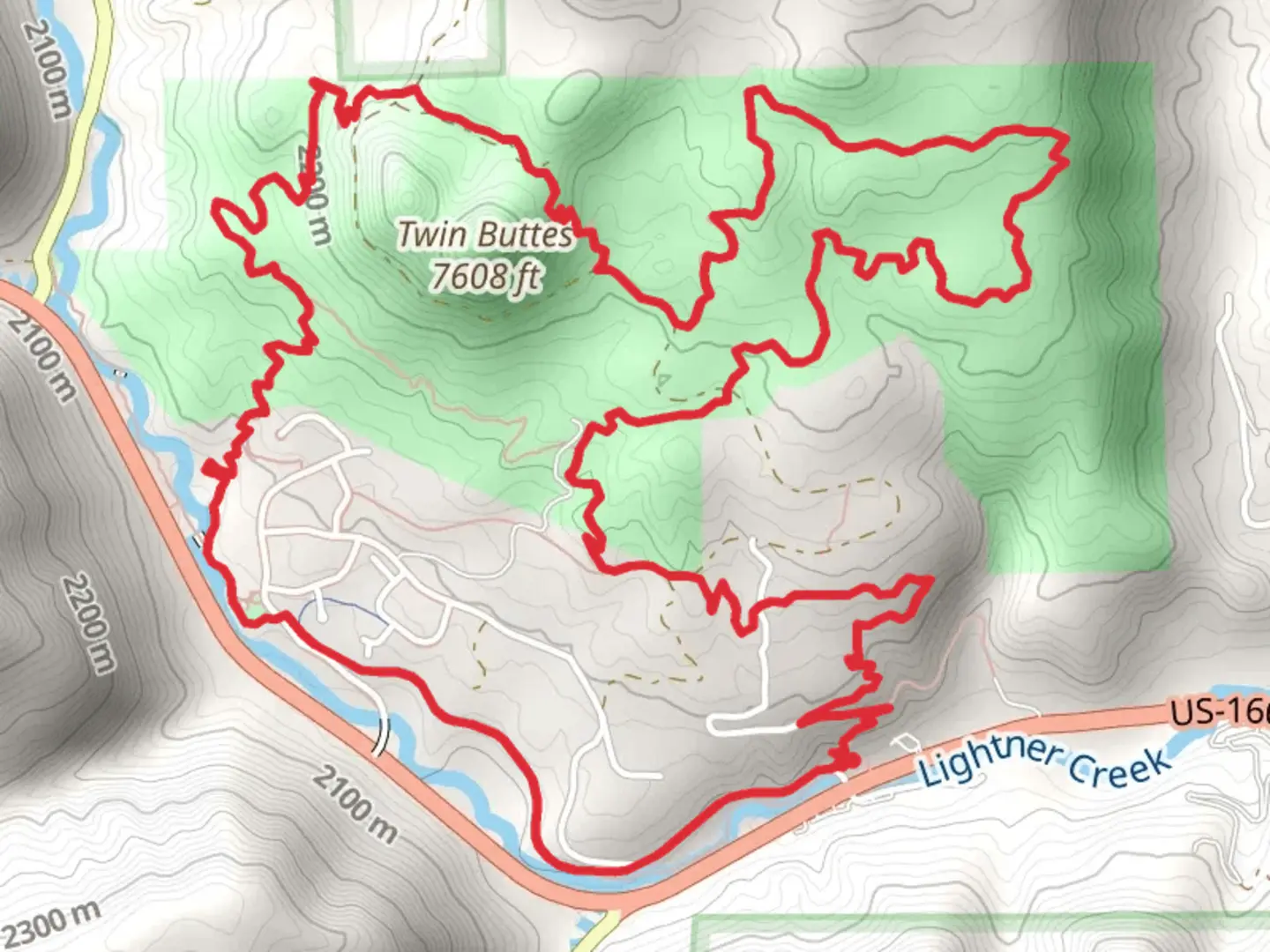 An image depicting the trail Twin Buttes, Cliff Rock, Lowe and Upper Twin Buttes Loop Trail and its surrounding area.