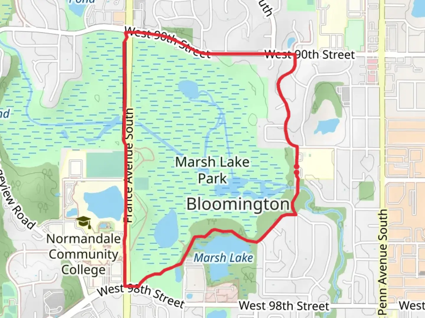 An image depicting the trail Marsh Lake Park Loop and its surrounding area.
