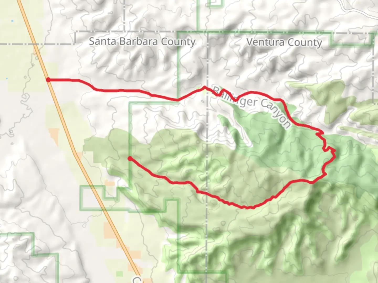 An image depicting the trail Ballinger Canyon Wash and Deer Ridge and its surrounding area.