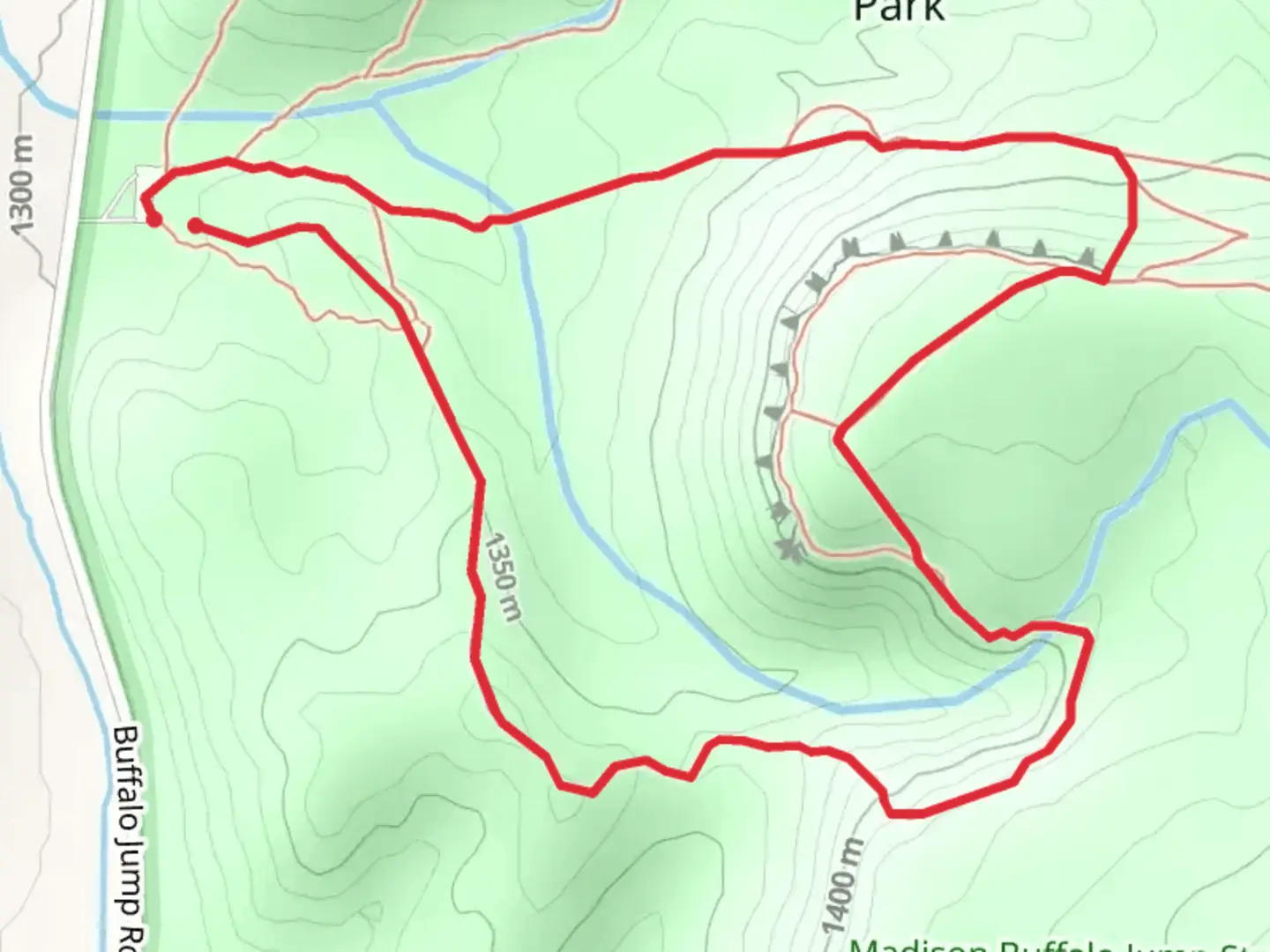 An image depicting the trail Madison Buffalo Jump State Park Loop and its surrounding area.