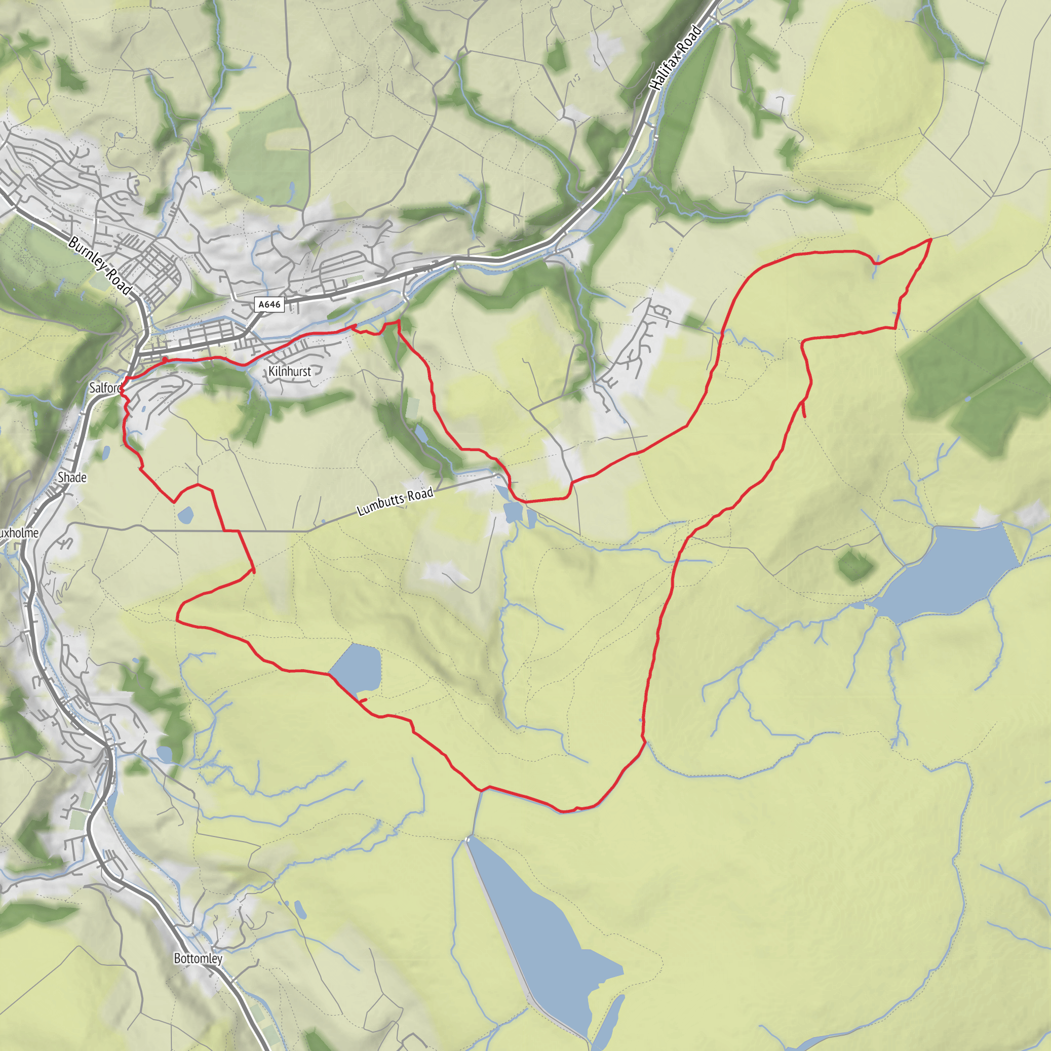 Circular Hike from Todmorden, West Yorkshire to Stoodley Pike via Gaddings Dam mobile static map