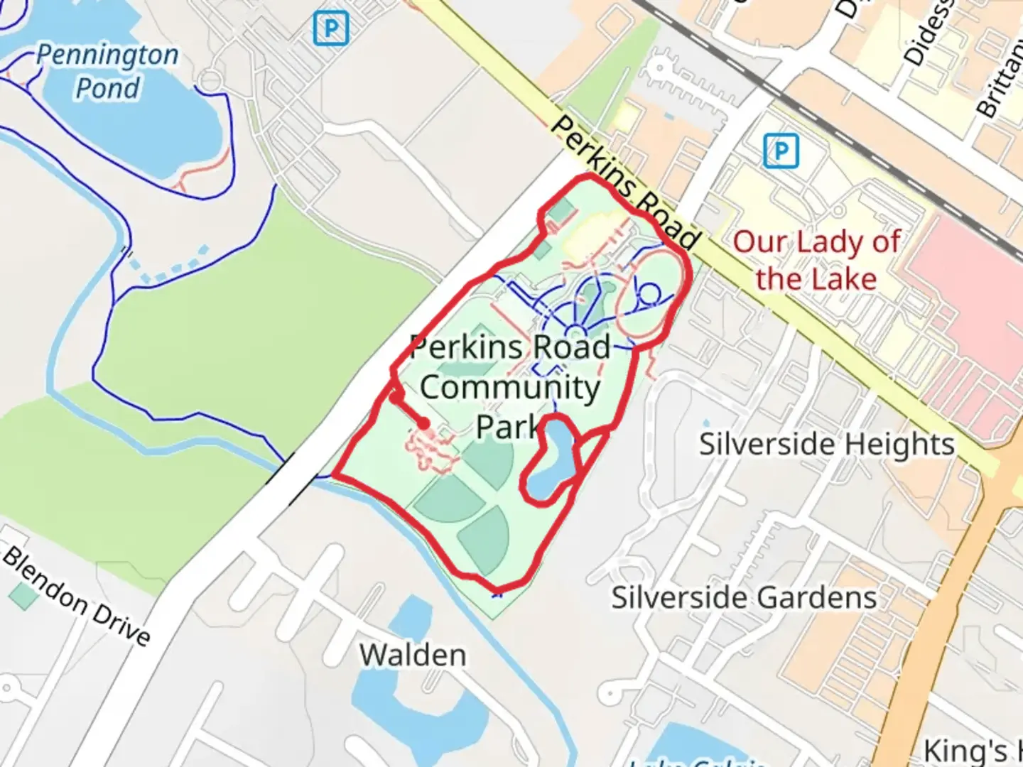 An image depicting the trail Perkins Road Fishing Pond and Walking Trail BREC Loop and its surrounding area.