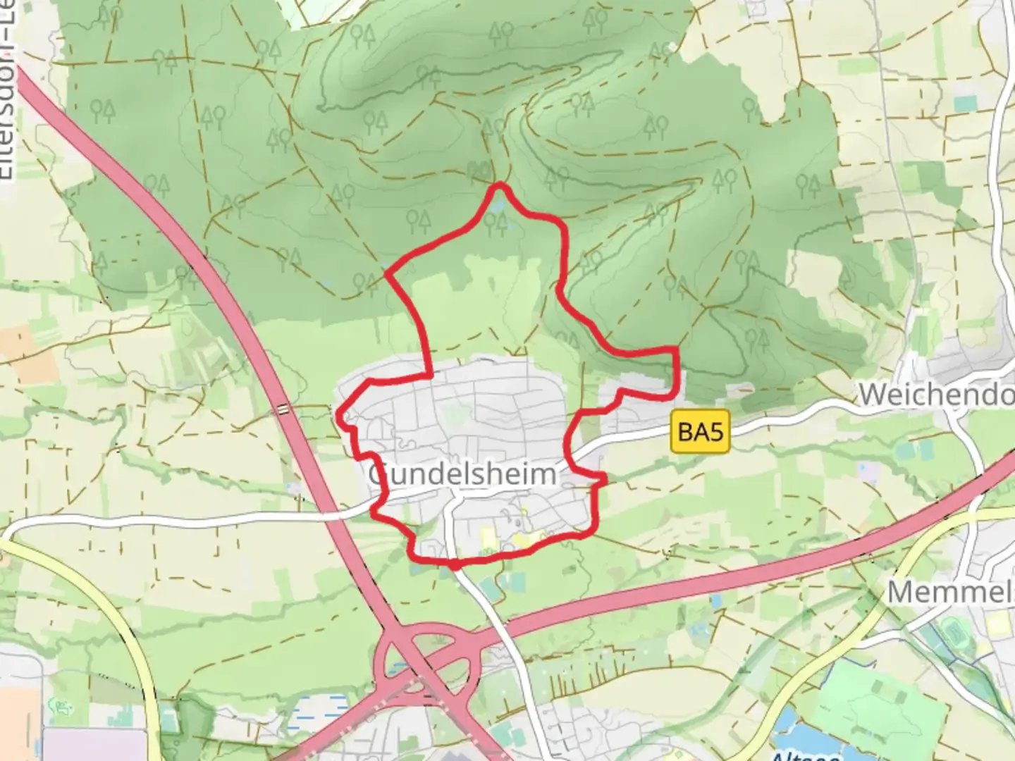 An image depicting the trail Gundelsheim Loop and its surrounding area.