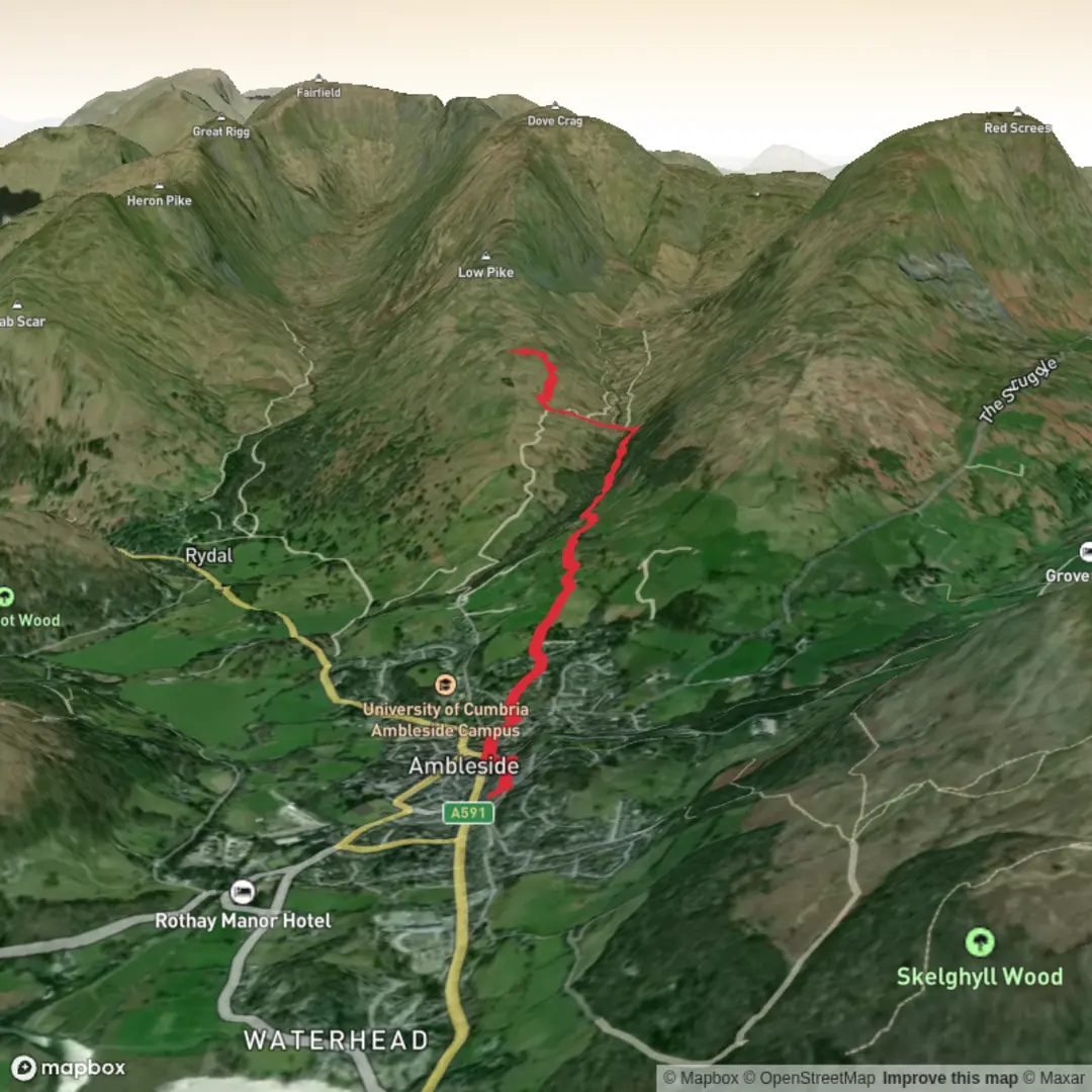An image depicting the trail Ambleside to Camp spot on Fairfield horseshoe and its surrounding area.